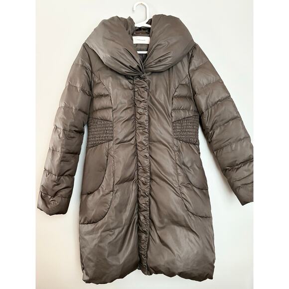 Tahari Coat Womens S Duck Down Long Zip Front Chocolate Brown Puffer Hooded - Picture 1 of 6